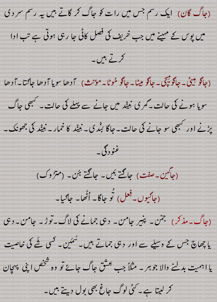   جاگ ,jaag,ਜਾਗ , جاگ , جاگنا سے,جاگنے کی حالت, بے خوابی, بیداری, جاگ آنا,جاگ آ جانا , جاگ اٹھنا    ,جاگ پینا,جاگ پون, جاگ کھلھنا, جاگ لدھنا,  , جاگا,جاگرن کرنا, جاگت جوت,جاگا جاگت, جاگدا, جاگدی جوت, جاگدیاں نوں پواندی پانا, جاگدے نوں جگانا, جاگندے,,  جاگر, جاگرا, جاگرت,جاگرتا, جاگرتی, جاگو, جاگن, جاگنا, جاگ گان, جاگو میٹی,جاگومیچی,جاگو میٹا,, ,جاگو موٹا, جاگین, جاگیوں, جمن, جامن,  جاگ لانا,جاگ لاؤنا, جاگ لگنا, جاگ پتی, جگ, جاگنا, جاگو, جاگاہ, جاہگاہ,,  jaag,Wakefulness, awakening; figurative usage alertness, vigil; verb imperative form of 'jaagna', wake up; an acid substance or sour milk put into milk to coagulate it,  rennet, rennin, coagulant, jaag launi, jaagdi jot, jaag auni, jaagda jaagde, jaag paina, jaana, jaagdi jot, jaagrit, jaagirti, jaag launa, jaaga, jaago, jago meeti, jaag,
ਜਾਗ,ਜਾਗਣਾ, ਜਾਗ ਆਉਣੀ ਜਾਗ ਪੈਣਾ,ਜਾਗ ਖੁਲ੍ਹਣੀ, ਜਾਗਣਾ,ਜਾਗਦੀ ਜੋਤ, ਜਾਗਰਿਤ, ਜਾਗਰੂਕਰੂ, ਜਾਗਰਿਤੀ, ਜਾਗ ਲਾਉਣਾ, ਜਾਗ, ਜਾਗਾ, ਜਗਰਾਤਾ, ਜਾਗੋ , ਜਾਗੋਮੀਟੀ ,