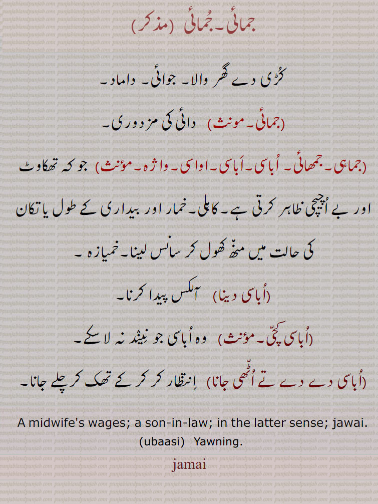  جمائی,jamai,ਜਮਾਈ, جمائی,جماہی,جمھائی, اباسی,اواسی,واژہ,اباسی دینا,اباسی کچی,اباسی دے دے تے اٹھی جانا,  دائی کی مزدوری، جوائی، داماد، خمیازہ، کاہلی، , midwifes wages. son in law.yawning. ubaasi.