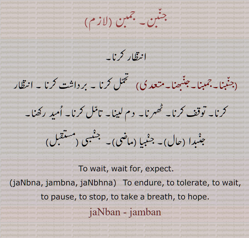  جن٘بن, جمبن,  جن٘بنا,جمبنا,جن٘بھنا , jaNbna, jambna, jaNbhna, jamban, , ਜਂਬਨਾ, ਜਮਬਨਾ, ਜਂਭਨਾ,  ਜਮਬਣ ,انتظار کرنا, جنبن,  جنبنا ,جنبھنا  to wait, expkect,to hope, to stop, تحمل, برداشت, امید رکھنا, جنیدا, جنبیا, جنبی