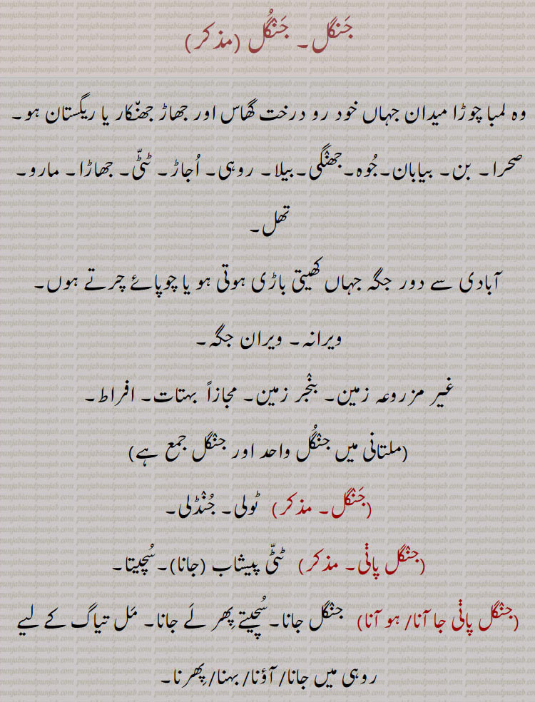  , جنگل,جنگل پانی,جنگل پانی جا آنا/ ہو آنا,جنگل جانا,جنگل مرانا,جنگل وِچ منگل ہونا,جنگل پڑنگنی,جنگلی پڑنگی, برونگی,جنگل جلیبی,جنگل,جنگلا,جنگلہ,  jaNgal, ਜੰਗਲ, ਜੰਗਲ਼,  forest. s wood. jungle. jangal jaana jangal wich mangal hona. jungle paani. jungle bahna. jungla. jangal parngani. junglaat.