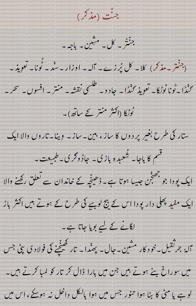 جنت,جنتر,کل,مشین, باجہ,بغیرپرودوں یعنی تار والا  ساز, آلہ, پلاس, زنبور, گجراتی قفل, بازی گر, رصد گاہ, تاریخوں والی کتاب, پنجانگ, پترکا, جھنجن, ایک زیور, ایک پھلی دار پودا, مشین چلانے والا, باجہ بجانے والا,طلسمی نقشہ, ٹوٹکا,کوسنا, جنم دینے والی, ماں, مسحور ہونا, تعویذ گنڈا, جادو,رصد گاہ, آلات رصد,جنتر منتر,جنترک,جنترک جگتی,جنترک مثرن,جنترک وِشلیشن,جنتری,جنتری منتری,جنتی,جنتر ناڑی,جنترنا,جنتریانہ,جنتی پر طلاق,Machine, jaNtar, jantar, ਜੰਤ੍ਰ , ਜਨਤਰ, jaNtar maNtar,  ਜੰਤਰ , ਮੰਤਰ, jaNtari,   ਜੰਤ੍ਰੀ  , ਜੰਤਰੀ, jaNtari maNtari, janar,  ਜੰਤਰ , Instrument, implement, machine, engine, apparatus,  contrivance, diagram of mystical character, amulet, charm, inferior variety of rice, jaNt,, 