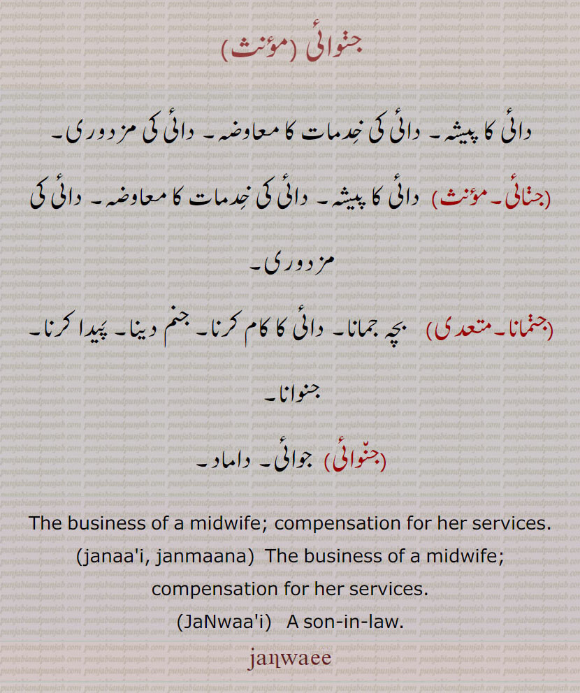  جنوائی,جنائی,داٸی کا پیشہ,جنمانا, جوائی, داماد,janai,  ਜਣਾਈ, A son-in-law,, janmaana, janmana, janwaai, ਜਣਵਾਈ  ,janwai, janaai,  janwai, دائِ کا کام۔ جنم دینا۔ جنوانا۔ جائِ کا پیشہ۔ دائی کی مزدوری۔جوائی۔ داماد۔