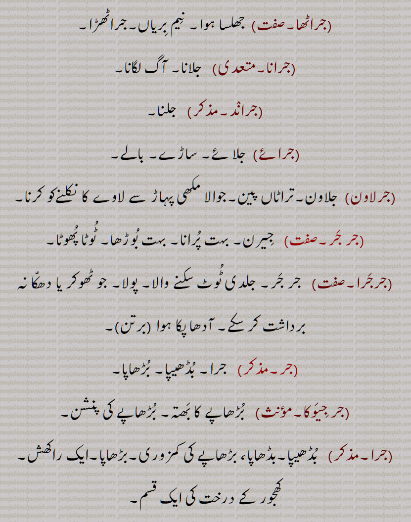   جر , جرنا سے,سہہ, برداشت کر, سہار,, جرانا,جران,جراون,جراند,جرن شکتی,جرنا,جریا,جریاں,جریند,جرن,جرے,جراں,جردا,جرساں,جر جانا,,جر کے,جر کے کھانا,جر لون,,جریجنا,جرنا,جراٹھا,جرانا,جراند,جرائے,جرلاون,جر جر,جرجرا,,جر,جر جیوکا,جرا,بڑھاپا, کھجور کے درخت کی ایک قسم,جرا آتر,جرا اوستھا,جرا مرا,جرادھی,جروآ,جروانا,جروانا,جری,جرٖیا,جروانا,جروانا,جروانہ,زور والا, بلوان,جسیم, تنومند,جراسندھ,جرکا,جرکا, زور, ہمت, حوصلہ,جرا,ذرا,تھوڑا,جرا جنا,جروٹھا,جری, ایٹم,جرے,جری,جری,سونے اور چاندی کی تار,جری بادلا,میرے یار دی جری جری,جروان,مذکر,قبرستان,جراند,جراح,سرجن,جراحی,جراریوں,  جرارہ, عقرب برج, زنگ,جرجرن,جر,جر جر, ایک قسم کا باریک کپڑا,,  ٹھنڈ,جرابرا, ناک بہنا, زکام, ,جراٹھرا,جراٹھڑا, بخار,تاپ,جرن, ٹھنڈ لگنا, From 'jarna' ; to suffer, to bear with equanimity, to sustain, endure.,jar,jaraana,jaraaNd,jarn shakti, jarna,jariya,jariyaaN,jaran,jar jaana,jar ke,,jar ke  khhaana,jar lawan,jareejna,jarna,,  To burn, to rot,jaraana,,jaraand,jaraay,jarlaawan,jar,  Old age,  jariya, jarjeewaka,jara, Frailty or weakness due to aging; also a demon; a type of palm tree,jara aatur,jara aawastha,jara mura,jaraadhi,   Disease of aging.,jarwa,jaraana,jari,jirwaan, jiraand, Cemetery, graveyard,,jaraah, Surgeon,jaraahi,jaraarioN,  Scorpio (astrological sign),jar,  Rust, , gold ,,jarjaran,jar,  Tear or rip in cloth,jar,jar jar,jar jara,  A little, ,jara,zara,jara jara, jara jara kar ke,jara koo jara si,jara di jara,jara bhar),jari,  An atom,,jara jinna,jara bara,jirna, jaran,jara siNdh,jarwaana, jarwaani, powerful,jara siNdh,  The name of a fabled king,,jari,jari baadla,Gold and silver thread,mere yaar di jari jari),jar, ਜਰਵਾਣਾ, ਜਰ , Mimusops Kauki ,ਜਰਾ,ਜਰਾਹ,ਜਰਾਹੀ,ਜਰਨਾ,  ਜਰਵਾਣੀ , ਜਡ਼ਯਾਂ ,ਜਰੀ 
  