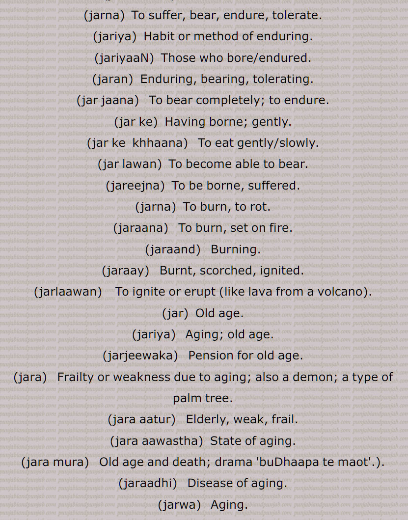   جر , جرنا سے,سہہ, برداشت کر, سہار,, جرانا,جران,جراون,جراند,جرن شکتی,جرنا,جریا,جریاں,جریند,جرن,جرے,جراں,جردا,جرساں,جر جانا,,جر کے,جر کے کھانا,جر لون,,جریجنا,جرنا,جراٹھا,جرانا,جراند,جرائے,جرلاون,جر جر,جرجرا,,جر,جر جیوکا,جرا,بڑھاپا, کھجور کے درخت کی ایک قسم,جرا آتر,جرا اوستھا,جرا مرا,جرادھی,جروآ,جروانا,جروانا,جری,جرٖیا,جروانا,جروانا,جروانہ,زور والا, بلوان,جسیم, تنومند,جراسندھ,جرکا,جرکا, زور, ہمت, حوصلہ,جرا,ذرا,تھوڑا,جرا جنا,جروٹھا,جری, ایٹم,جرے,جری,جری,سونے اور چاندی کی تار,جری بادلا,میرے یار دی جری جری,جروان,مذکر,قبرستان,جراند,جراح,سرجن,جراحی,جراریوں,  جرارہ, عقرب برج, زنگ,جرجرن,جر,جر جر, ایک قسم کا باریک کپڑا,,  ٹھنڈ,جرابرا, ناک بہنا, زکام, ,جراٹھرا,جراٹھڑا, بخار,تاپ,جرن, ٹھنڈ لگنا, From 'jarna' ; to suffer, to bear with equanimity, to sustain, endure.,jar,jaraana,jaraaNd,jarn shakti, jarna,jariya,jariyaaN,jaran,jar jaana,jar ke,,jar ke  khhaana,jar lawan,jareejna,jarna,,  To burn, to rot,jaraana,,jaraand,jaraay,jarlaawan,jar,  Old age,  jariya, jarjeewaka,jara, Frailty or weakness due to aging; also a demon; a type of palm tree,jara aatur,jara aawastha,jara mura,jaraadhi,   Disease of aging.,jarwa,jaraana,jari,jirwaan, jiraand, Cemetery, graveyard,,jaraah, Surgeon,jaraahi,jaraarioN,  Scorpio (astrological sign),jar,  Rust, , gold ,,jarjaran,jar,  Tear or rip in cloth,jar,jar jar,jar jara,  A little, ,jara,zara,jara jara, jara jara kar ke,jara koo jara si,jara di jara,jara bhar),jari,  An atom,,jara jinna,jara bara,jirna, jaran,jara siNdh,jarwaana, jarwaani, powerful,jara siNdh,  The name of a fabled king,,jari,jari baadla,Gold and silver thread,mere yaar di jari jari),jar, ਜਰਵਾਣਾ, ਜਰ , Mimusops Kauki ,ਜਰਾ,ਜਰਾਹ,ਜਰਾਹੀ,ਜਰਨਾ,  ਜਰਵਾਣੀ , ਜਡ਼ਯਾਂ ,ਜਰੀ 
  
