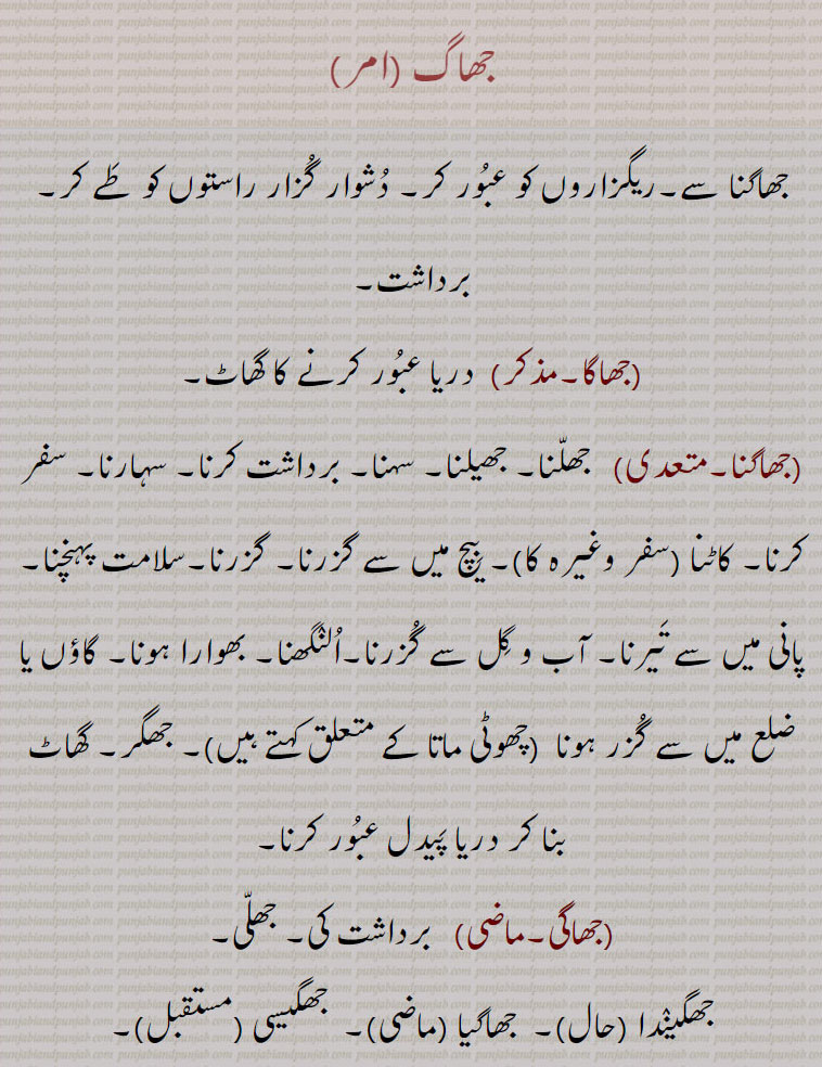 جھاگ ,jhaag  ਝਾਗ, jhagar,  ਝਗਰ,jhaagan,  ਝਾਗਨ, passage of river, ford,,فریا عبور کرنے کا گھاٹ, برداشت, بھوار ہونا, جھگر, جھلی, جھاگی,جھاگنا,جھاگا,جھگیسی,جھاگیا,جھگیندا ,
