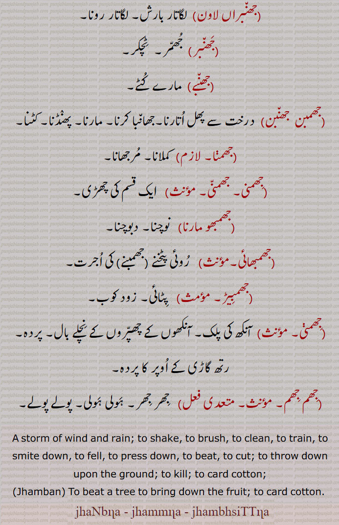 ،جھنب آنا, جھنب جانا, جھنبنا, جھمنا,جھمنی ,جھنبنی,جھمنی,جھاڑ, پھنڈ, جھنب چاڑھنا,جھنب سٹنا,جھنب لگنا,جھنبر,جھنبراں لاون,جھنبے,جھمبن جھنبنا,جھمنا,جھم جھم، جھمبیر, جھمبھائی, جھنب جانا, جھنب آنا, جھنبنی, جھمنی, جھمب, چمنا,پنجنا, جھمب, چمنا, روئی کو پولا کرنا, واچھڑ, خمیدہ چھڑی,خوب مارنا, جھاڑنا, صاف کرنا, صدمہ ہونا, زور کی بارش, جھمر, مارے کٹے, مارنا, کمالانا, چھڑی, دبوچنا, روئی جھمبنے کی ,مزدوری, زود کوب,پٹائی, جھر جھر, ہولی ہولی, پولے پولے,جھمنی, جھمبھو مارنا,
  , ਝੰਭਣਾ, jhambhna, jhanbhna, Jhammna,  Jhanbna,  ਝੰਬਣਾ,  ਝੰਭਸਿਟੱਣਾ,  jhambhsittna,  storm of wind, to fell, jhamban. to beat, to kill, to card cotton. to train. to press down.