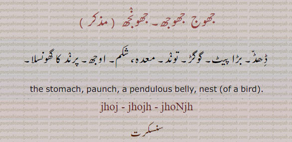  ,جھوج,جھوجھ ,جھونجھ,اوجھ، معدہ,توند,گھونسلا, jhoj,  jhojh, jhonjh,  stomach, nest, paunch, ਝੋਜ,ਝੋਝ ,ਝੁੰਜ,