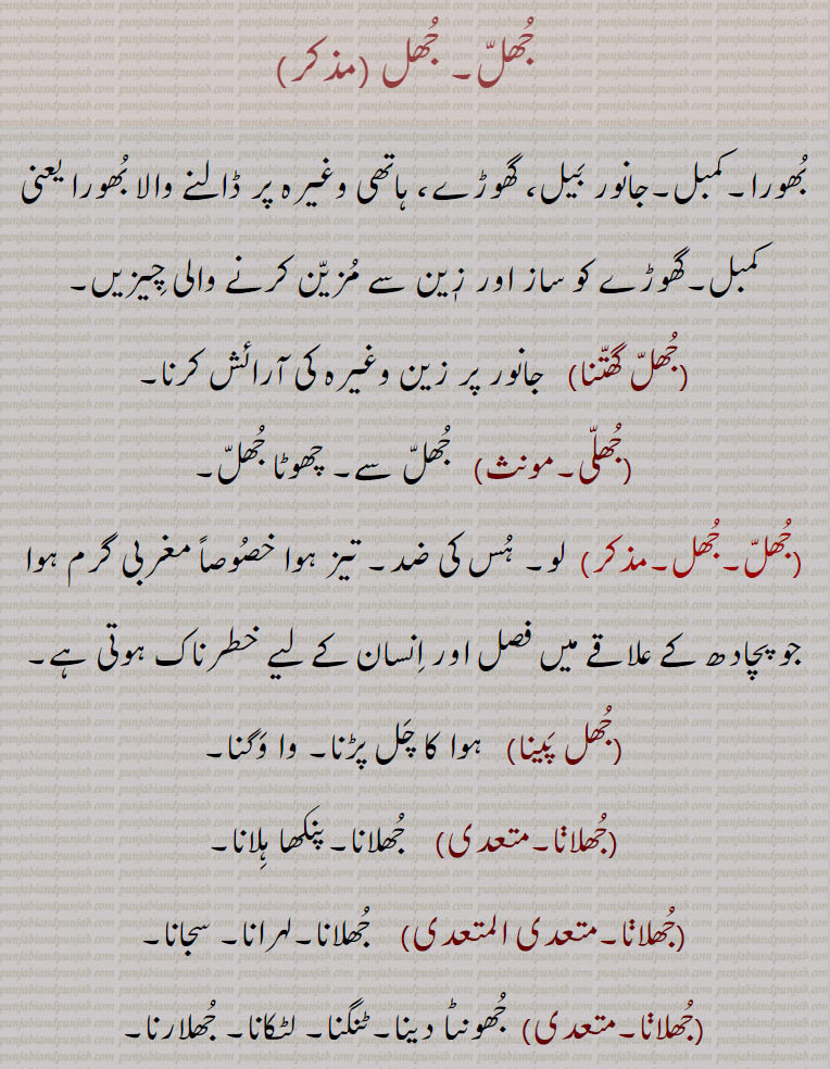  ,jhull , jhul, ਝੁੱਲ,ਝੁਲ ,jhullna, ਝੁੱਲਣਾ, jhullna,  ਝੁੱਲਣਾ ,جھلّ,جھل پینا, جھلانا, جھلانی,جھلنا, جھلی پینا, جھلیسی,جِھل, جھِلّ جھل, جُھل، جھل گھتنا, جھلی,   jhulli, jhul ghattnana. jhil, jhill, jhili, jhulaisi. juli paina, jhulana,
