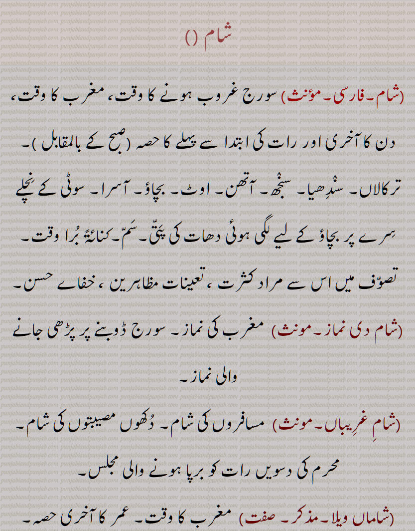  شام,  سورج غروب ہونے كا وقت, مغرب كا وقت, ترکالاں, سوٹی کے نچلے سرے, برا وقت, كثرت ,تعینات مظاہرین,شام دی نماز,شام غریباں,شاماں ویلا,شام کلیان,شام وید, شام بید,شام ویلا, دوپڑ ملنے کا وقت,شامی, شامیں,شام ورن کا,شاما,شمع, لیمپ,شمادان,شیام,  كالا,رادھے شام,محبوب,شام کرن, کالے کانوں والا گھوڑا,شام پھلی,کستوری بوٹی,شام دوارے,شام سلونا,شام سنددر,شامی کباب,شاما,شیاما, شمبا , سونگھنے والا,شاما, شامہ, Evening; one of the name of Krishna; Dark coloured black,shaam kalyaan,shaam wed, shaam bed,shaama, shama,A lamp, ,shamaadaan,A candlestick, a lamp stand, shaam, shaam phali, Delphinium brunonianum, shaam, shaam wed, sham bed,  shaama, shama daan,candlestick, a lamp stand, ਸ਼ਾਮ, ਸ਼ਮਾ,