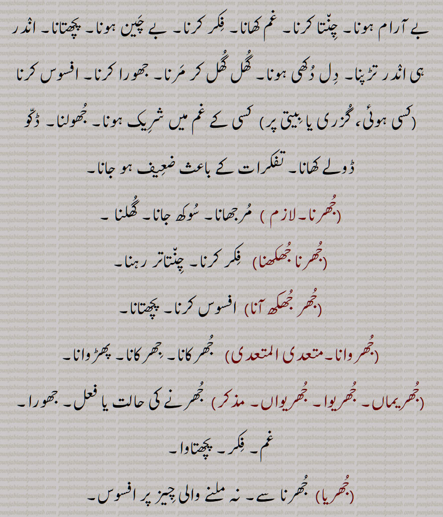 جھر ,جُھر ,جھرنا سے, جھور,دکھ، درد، پچھتاوے یا شرمندگی کا شدید احساس, جھرک,جھرانا,جھرانے,جھرانا ہونا,جھرنا,جھرنا جھکھنا,جھر جھکھ آنا,جھروانا,جھریماں, جھریوا, جھریواں,جھریا,جھر,جھرک,جھرکانا,جھرکنا,جھرا,جھور,A profound feeling of sorrow, pain, regret, or shame,Jhurna, jhur, jhir, ਝੁਰ, ਝੁਰਨਾ, ਝੂਰਨਾ , Jhuran, to pine away with grief,
