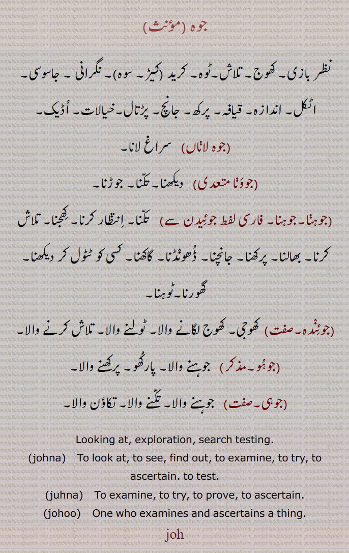 جوہ, کھوج, تلاش, ٹوہ, جوہ لاناں, جوونا , جوہنا, جوئیدن , جوئندہ, جوہو, جوہی, Looking at, exploration, search testing, johna,   ਜੋਹਣਾ, juhna, ਜੁਹਣਾ ,johoo,  ਜੋਹੂ, joh , ਜੋਹ,