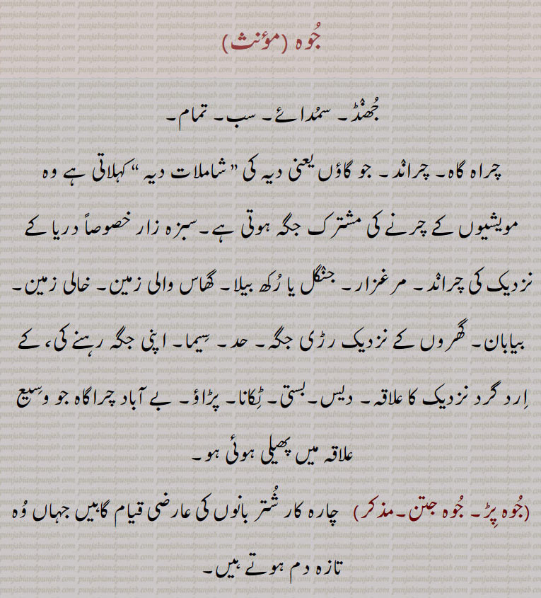  جوہ, جوہ جنگل, جوہ چھڈنا, جوہے گل پھل والی, جوہیر,جوع, جوہ پِڑ, جوہ جتن,، جوہ جنگل, جُوہے گُل پُھل والی,,ਜੂਹ ,jooh, pasture environ, area,