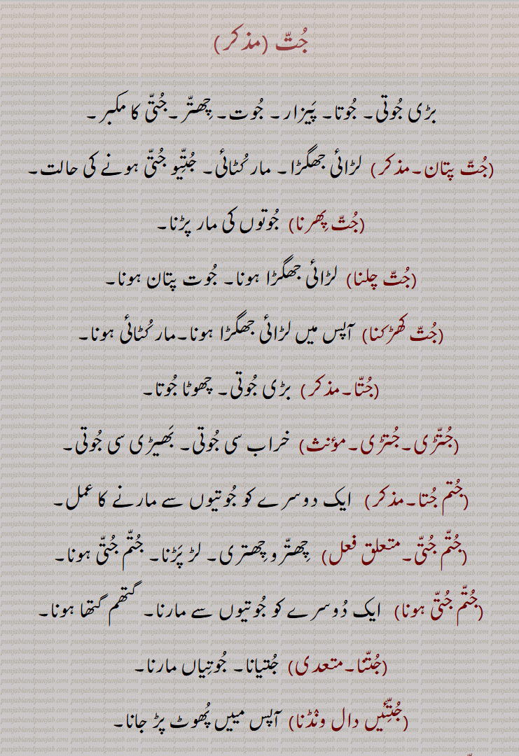  جت, بڑی جوتی, جوتا, پیزار, جوت, چھتر,جتی کا مکبر,,جت پتان,جت پھرنا,جت چلنا,جت کھڑکنا,جتا,جتڑی,جتڑی,جتم جتا,جتم جتی,جتم جتی ہونا,جتنا,جتئیں دال ونڈنا,جتوڑ,جتی,مؤنث,جتی اتے لکھنا,جتی اٹھانا,جتی اٹھاونا,جتی برابر نہ جاننا,جتی پانا,جتی پتان ہونا,جتی پولا ہونا, جتی پولا,, لڑائی بھڑائی, اٹ کھڑکا,,جتی پولا جوگا,جتی پھیرنا,جتی توں مارنا, جتی دی لنگھانا,جتی توں وارنا,جتی تے جاننا,جتی تے جتی چڑھنا,جتی چرائی,جتی چک,جتی چٹ,جتی چٹنی,جتی چلنی,جتی چور,جتی چک,,جتی چھپائی,جتی دا زور ہونا,جتی دا صدقہ,جتی دا میچ لینا,جتی دا وڈنا,جتی کٹنا,جتی کھانی,جتی دا کوکا,,جتی دی مار,جتی دا یار,جتی دی نوک توں دی مارنا/وارنا,جتی سے وی یاد نہ ہونا,جتی کھڑکنا,جتی گھونسڑا/کھوسڑا ہونا,جتی گنڈھنا,جتی لاہ لینی,جتی لکاؤنا,  جتی چھپائی,,جتی لکائی,جتی لگنی,جتی مارنی ,جتی نال کرنا,جتی نوں جاننا,جتی ہیٹھ رکھنا,جتیاں,جتیاں بھیوں بھیوں مارنا, جتیاں پینا,جتیاں پھیرنا,جتیاں تڑانا,جتیاں ٹٹ جانا,جتیاں جڑنا,جتیاں جوڑنا,جتیاں جھلنا,جتیاں چٹخاندے/چٹکھاندے  پھرنا,جتیاں چلنا/چلنیاں,جتیاں دا بھاڑا ہونا,جتیاں دا صدقہ,جتیاں سدھیاں کرنیاں/کرنا,جتیاں سر تے رکھنا,جتیاں کھانا,جتیاں کھاندے پھرنا,جتیاں کچھ وچ مارنا,جتیاں گھسانا,جتیاں کھڑکنا,جتیاں لانا,جتیاں مارنیاں ,جتیاں مڑکاؤندے/مڑکاؤند  پھرنا,جتیاں وچ دال ونڈنا/ونڈیجن,جتیاں ورھنا,جتیاں ہتھ پھڑنا,جتیاڑ,جتیانا,جتیاؤنا,جتیو جتی ہونا, جتیوں جتی ہونا,جتیاون,جتیجن,جتیڑ,جتی موندھی تھیونا,  A large big shoe, jutta, jutti, jutti te jutti chaRhna, jutti uTThauna, jutti khhaani, jutti chaT, jutti chaTTni, jutti chalni, jhutti chuk, jutti maarni, jutti lagni, juttiaN challniaN,  juttiaN khaana, juttiaN khaaNde phirna, juttiaN maarniaN, juttiaN siddhiaN karniaN, jutt,  ਜੁੱਤ, ਜੁੱਤਾ,  ਜੁੱਤੀ ,  ਜੁੱਤੀ ਖਾਣੀ,  ਜੁੱਤੀ ਚੱਟ,  ਜੁੱਤੀ ਚੱਟਣਾ,  ਜੁੱਤੀ ਚੱਲਣੀ, ਜੁੱਤਾ ਚੁੱਕ, ਜੁੱਤੀ ਮਾਰਨੀ, ਜੁੱਤੀ ਲੱਗਣੀ , ਜੁੱਤੀ ਲਾਹ ਲੈਣੀ ,  