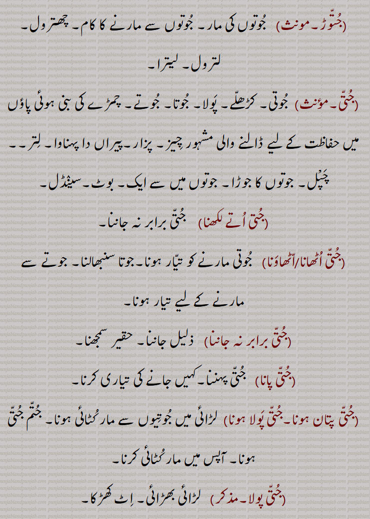 ,جتنا,جتئیں دال ونڈنا,جتوڑ,جتی,مؤنث,جتی اتے لکھنا,جتی اٹھانا,جتی اٹھاونا,جتی برابر نہ جاننا,جتی پانا,جتی پتان ہونا,جتی پولا ہونا, جتی پولا,, لڑائی بھڑائی, اٹ کھڑکا,