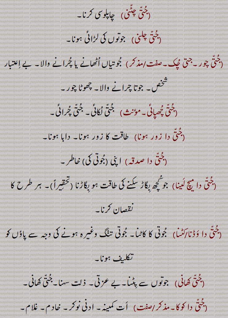 جتی چھپائی,جتی دا زور ہونا,جتی دا صدقہ,جتی دا میچ لینا,جتی دا وڈنا,جتی کٹنا,جتی کھانی,جتی دا کوکا,,جتی دی مار,
