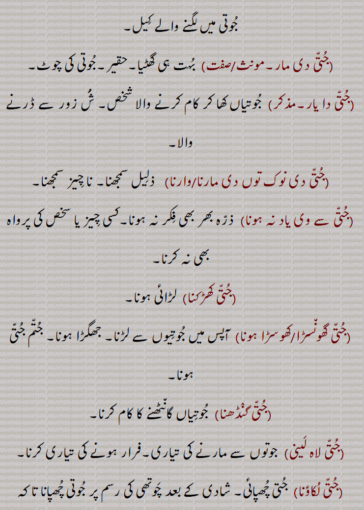 جتی دا یار,جتی دی نوک توں دی مارنا/وارنا,جتی سے وی یاد نہ ہونا,جتی کھڑکنا,جتی گھونسڑا/کھوسڑا ہونا,جتی گنڈھنا,جتی لاہ لینی,جتی لکاؤنا,  جتی چھپائی,,جتی لکائی,جتی لگنی,جتی مارنی ,