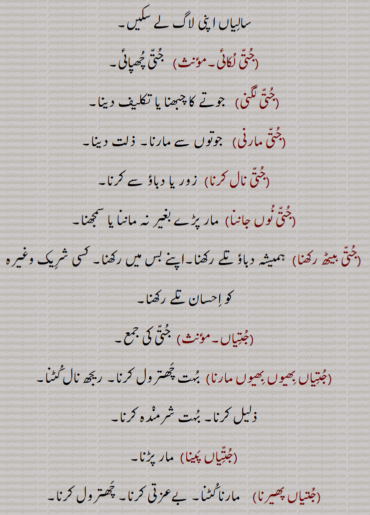 جتی نال کرنا,جتی نوں جاننا,جتی ہیٹھ رکھنا,جتیاں,جتیاں بھیوں بھیوں مارنا, جتیاں پینا,جتیاں پھیرنا,جتیاں تڑانا,جتیاں ٹٹ جانا,