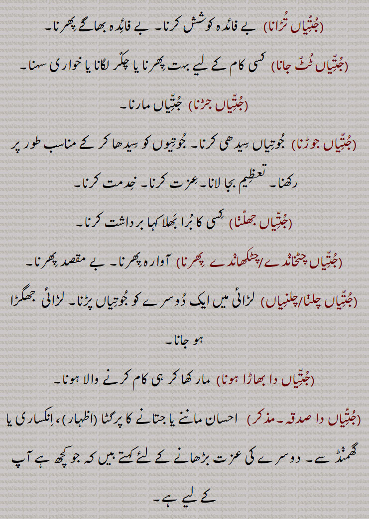 جتیاں جڑنا,جتیاں جوڑنا,جتیاں جھلنا,جتیاں چٹخاندے/چٹکھاندے  پھرنا,جتیاں چلنا/چلنیاں,جتیاں دا بھاڑا ہونا,جتیاں دا صدقہ,جتیاں سدھیاں کرنیاں/کرنا,