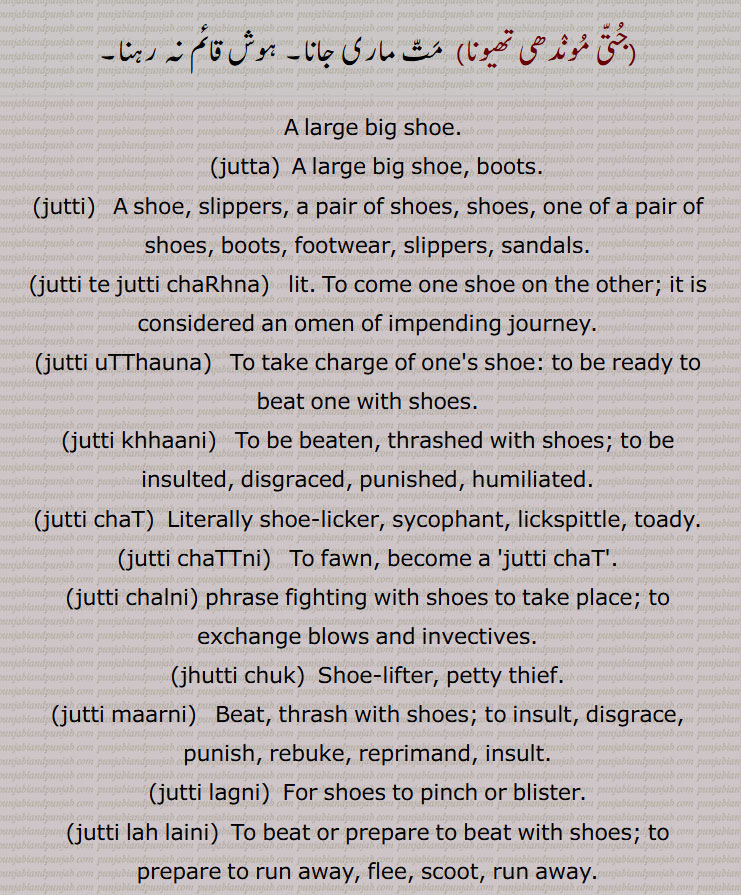 A large big shoe, jutta, jutti, jutti te jutti chaRhna, jutti uTThauna, jutti khhaani, jutti chaT, jutti chaTTni, jutti chalni, jhutti chuk, jutti maarni, jutti lagni, juttiaN challniaN,  juttiaN khaana, juttiaN khaaNde phirna, juttiaN maarniaN, juttiaN siddhiaN karniaN, jutt, 