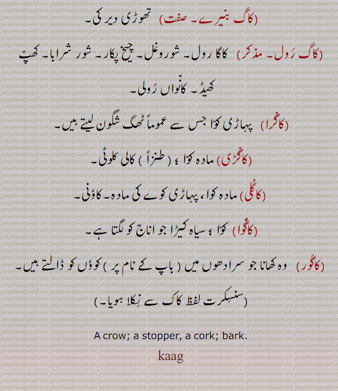  کاگ, کانگ , کارک,کاک, کاگ,   کاگ اڑانا,کاگ اڈانا,کاگ اڈاونا,کاگ بنیرے ,کاگ رول,کاگرا,کاگڑی,کاگلی,کاگوا,کاگور ,
ਕਾਗ, ਕਾਂਗ, kaag, kaang, kaak,crow, stopper, cork, bark