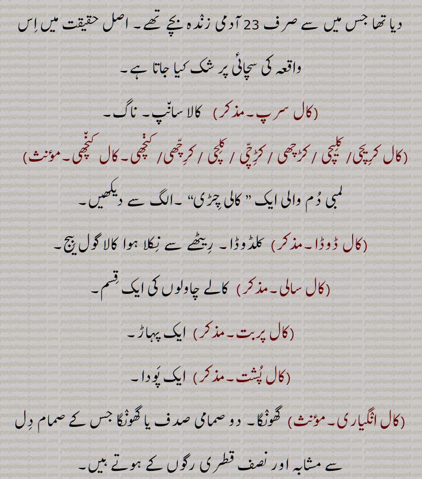 "
 کال, کالا, کال بھراواں, کال بھرما,, کال بھرواں, کال بھروا, کال بیدھی, کال جیبھا,,کلجیبھا, کال جیبھی, کال دیو, کال دلا, کال سرا, کال کلوٹا, کال گاندڑیا, کال مکھا,,کال موہاں, کال نوچن, کال نوچن, کال نیترا, کال واتا, کال واتا ہونا, کال واتا, کال ون, کال ویلا, کالچو, کالیوں, کالڑا, کالڑی,,کالڑٖیاں, کال وچھوں, کال کوٹھڑی, کال کوٹھڑی در  گھٹنا, کال سرپ, کال کریچی, کال کلیچی, کال کڑچھی, کال کڑچی, کال کلچی, کال کرچھی,کال کنچھی,کال ڈوڈا,کال سالی,کال پربت,کال پشت,کال انگیاری, black, dark  in complexion, kaal moohaaN, kaal jeebha, kaal aNgiari, kaal sirra, kal waata, kal wachhooN, kaalRa, kaalka, kaalwin, kaliyon, kaalkhh, kaal kooThRi, Kaal kaleechi, kal karchhi, kaal kareechi, kaal kaRchhi, Kal kalachi, Dicrurus macrocercus, kaal, ਕਾਲ, 