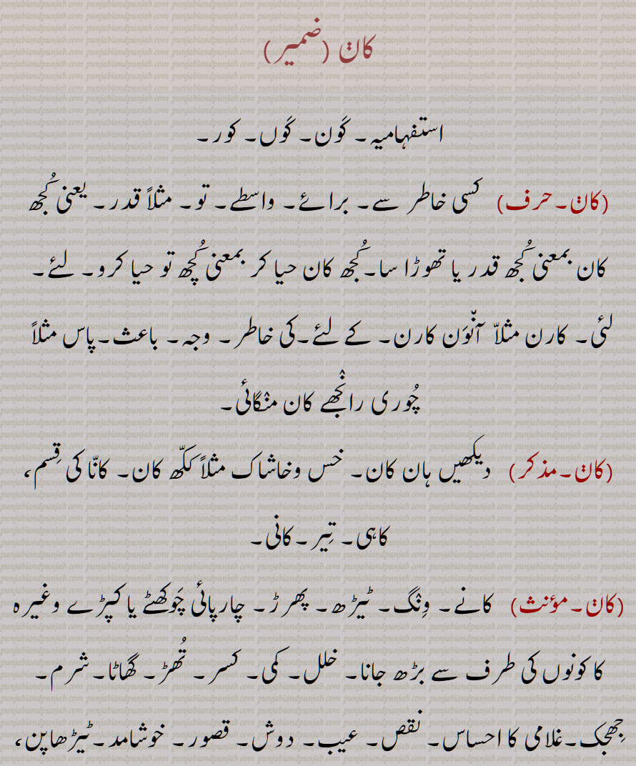 , کوں, کور,  کسی خاطر سے, خس وخاشاک , تیر,کانی, ٹیڑھ, چارپائی چوکھٹے یا کپڑے وغیرہ کا کونوں کی طرف سے بڑھ جانا,  عیب,ٹیڑھاپن, ایک آنکھ ہونے کی حالت, کانا, کبوتر,کان پے جانا,کان  پینا,پھل سبزی میں کیڑا پڑ جانا,کان کڈھنا,کان کرنا,کان مننا,دباؤ ماننا,کانوں,کانوں پینا, کاݨ, Interrogative, who; whom, whose,kaan, Defect, slant as in a cot frame, fault, blindness in one eye, for sake, for, reason,kaaղ,kaan,کان, ਕਾਣ, ਕਾਣਾ,kan,
