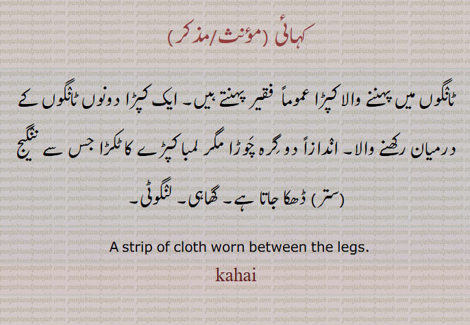 کہائی,kahai , ਕਹਾਈ,گھاہی۔ لنگوٹی۔ ایک کپڑا ٹانگوں کے درمیان ,  strip of cloth 