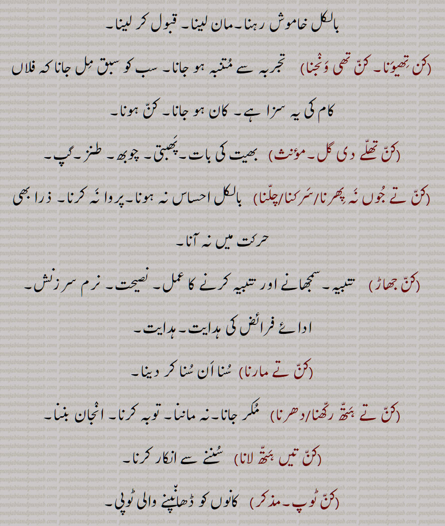 ,کن تھیونا, کن تھی ونجن,کن تھلے دی گل,کن تے جوں نہ پھرنا/سرکنا/چلنا,کن جھاڑ,کن تے مارنا,کن تے ہتھ رکھنا/دھرنا,کن تیں ہتھ لانا,کن ٹوپ