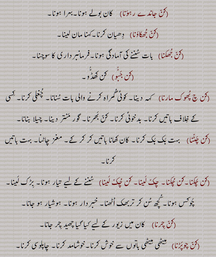 کن جاندے رہون,کن جھکاونا,کن جھکنا,کن جبو,کن چ پھوک مارنا,کن چٹنا,کن چکنا,کن چکنا, چک لینا, کن چک لینا,کن چرنا,کن چوپڑنا 