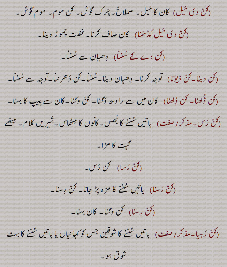 کن دی میل,کن دی میل کڈھنا,کن دے کے سننا,کن دینا,کن ڈیونا,کن ڈلھنا, کن ڈلھنا,کن رس,کن رسا,کن رسنا,کن رسنا,کن رسٖیا,