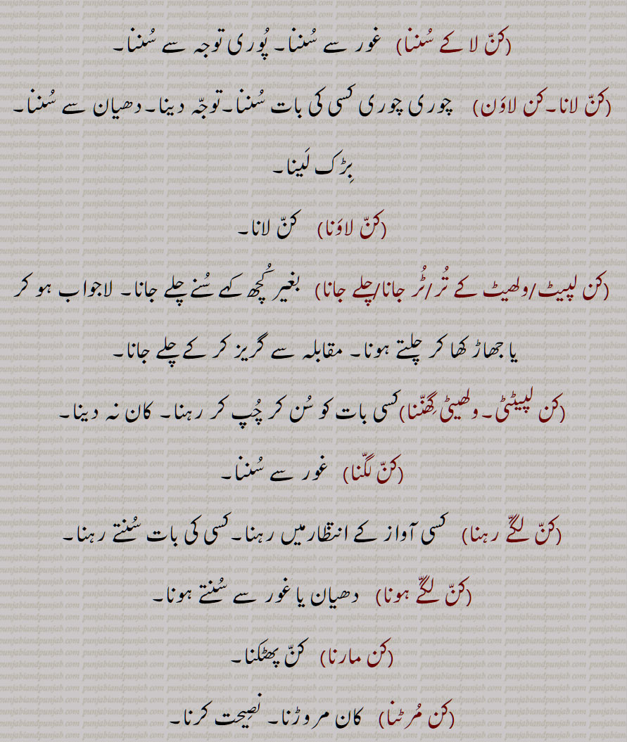 کن لا کے سننا,کن لانا,کن لاون,کن لاونا,کن لپیٹ/ولھیٹ کے تر/ٹر جانا/چلے جانا,کن لپیٹٹی,ولھیٹی گھننا,کن لگنا,کن لگے رہنا, کن لگے ہونا,کن مارنا,کن مرٹنا 
