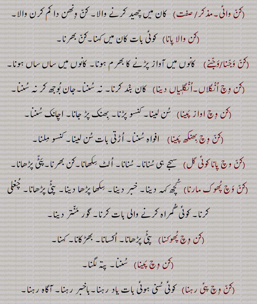کن وائی,کن والا پانا,کن وجنا/وجنے,کن وچ انگلاں,انگلٖیاں دینا,کن وچ اواز پینا,کن وچ بھنکھ پینا,کن وچ پانا کوئی گل,کن وچ پھوک مارنا,کن وچ پھوکنا,کن وچ پینا,کن وچ پئی رہنا,