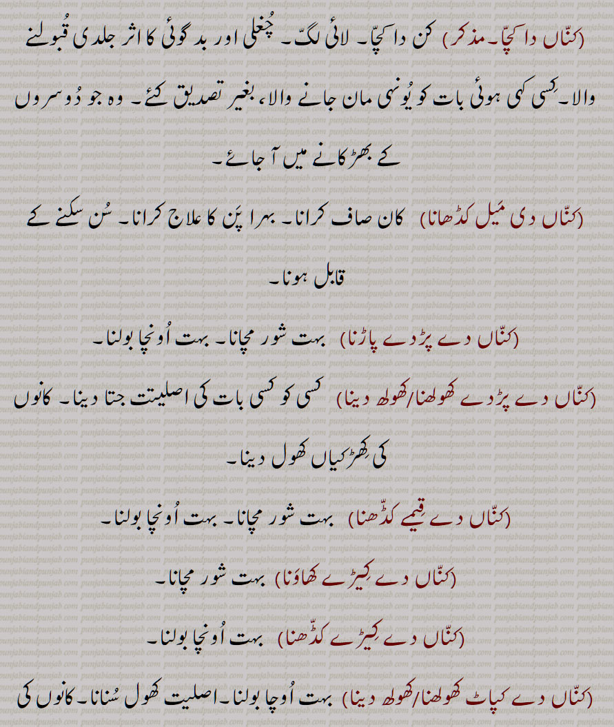 چ انگلاں دے لینا,کناں چ ڈھول بجنا,,کناں چ سر کرنا,کناں چ مار چھڈنا,,کناں چوں کڈھ جوڑنا,کناں دا کچا,کناں دی میل کڈھانا,, کناں دے پڑدے پاڑنا,کناں دے پڑدے کھولھنا/کھولھ دینا,,کناں دے قیمے کڈھنا,کناں دے کیڑے کھاونا,کناں دے کیڑے کڈھنا,کناں دے کپاٹ کھولھنا/کھولھ دینا 