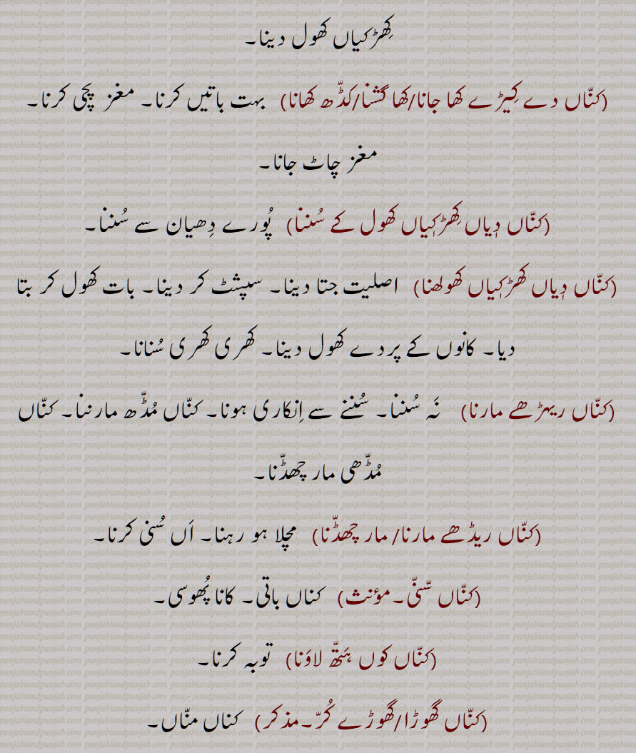کناں دے کیڑے کھا جانا/کھا گشنا/کڈھ کھانا,کناں دٖیاں کھڑکٖیاں کھول کے سننا,کناں دٖیاں کھڑکٖیاں کھولھنا,کناں ریہڑھے مارنا,کناں ریڈھے مارنا/ مار چھڈنا,کناں سنی,کناں کوں ہتھ لاونا,,کناں گھوڑا/گھوڑے کر, 