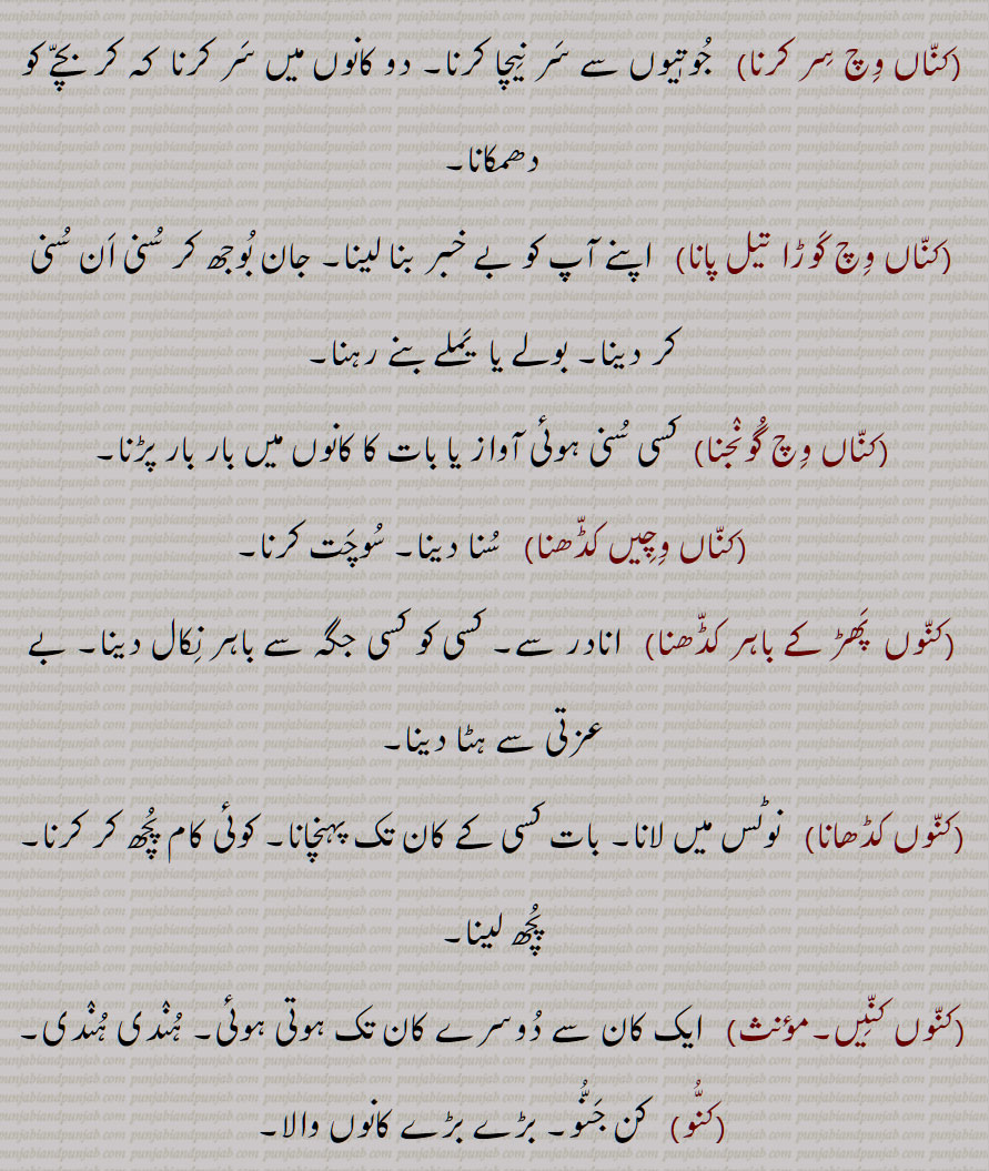 کناں وچ سر کرنا,کناں وچ کوڑا تیل پانا,کناں وچ گونجنا,کناں وچیں کڈھنا,کنوں  پھڑ کے باہر کڈھنا,کنوں کڈھانا,کنوں کنیں,کنو 