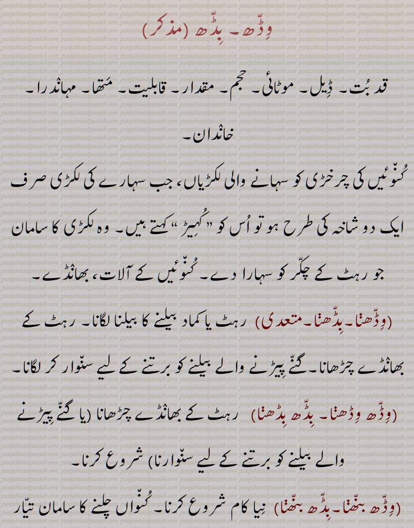 وڈھ, بڈھ,قد بت, ڈیل, موٹائی, حجم, مقدار, قابلیت, متھا, مہاندرا,وِڈّھ, بِڈّھ, خاندان, کنوئیں کی چرخڑی کو سہانے والی لکڑیاں, وڈھڽا,بڈھڽا, وڈھ وڈھڽا. بڈھ بڈھڽا, وڈھ بنھڽا,بڈھ بنھڽا, وڈھ دے تنے, بڈھ دے تنے, وڈھا.بڈھا, وڈھا ساڑنا. بڈھا ساڑنا, وڈھڽا, بڈھڽا, Breadth, intervening space, span, frame superimposed on a cart in order to increase its loading capacity; cleft, split, interstice, bulk, size, ability,'biDDh'. The timbers that support a well-wheel, kuheeR, wiDDhna,  biDDhna, wiDDna, wiDDh - biDDh,  ਵਿੱਢ,ਬਿੱਢ, ਵਿੱਢਣਾ, ਵਿੱਡਣਾ,
