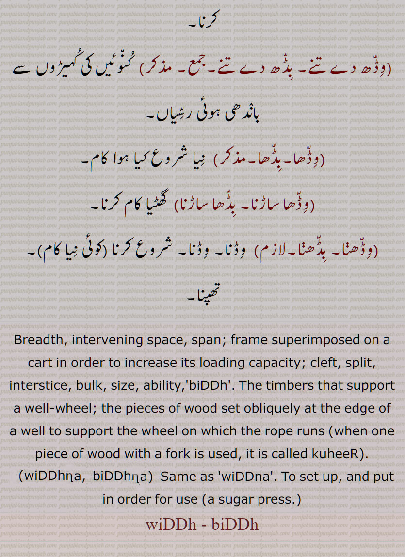 وڈھ, بڈھ,قد بت, ڈیل, موٹائی, حجم, مقدار, قابلیت, متھا, مہاندرا,وِڈّھ, بِڈّھ, خاندان, کنوئیں کی چرخڑی کو سہانے والی لکڑیاں, وڈھڽا,بڈھڽا, وڈھ وڈھڽا. بڈھ بڈھڽا, وڈھ بنھڽا,بڈھ بنھڽا, وڈھ دے تنے, بڈھ دے تنے, وڈھا.بڈھا, وڈھا ساڑنا. بڈھا ساڑنا, وڈھڽا, بڈھڽا, Breadth, intervening space, span, frame superimposed on a cart in order to increase its loading capacity; cleft, split, interstice, bulk, size, ability,'biDDh'. The timbers that support a well-wheel, kuheeR, wiDDhna,  biDDhna, wiDDna, wiDDh - biDDh,  ਵਿੱਢ,ਬਿੱਢ, ਵਿੱਢਣਾ, ਵਿੱਡਣਾ,