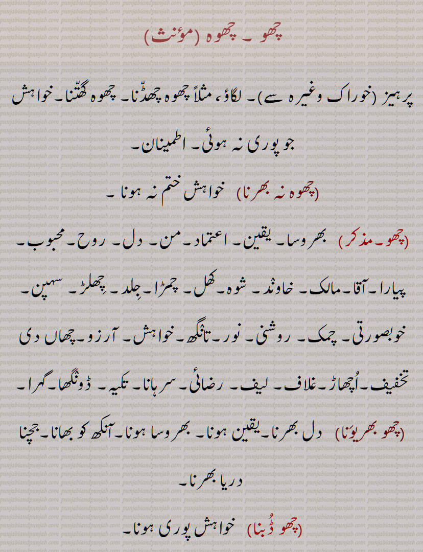 چھو , چھوہ ,پرہیز , لگاؤ, چھوہ چھڈّنا, چھوہ گھتّنا,خواہش جو پوری نہ ہوئی, اطمینان,چھوہ نہ بھرنا, خواہش ختم نہ ہونا ,چھو بھریوَنا,چھو ڈُبنا,چھو مارنا,چھو نہ بھریوَنا,چھو نہ ڈُبنا,چھوہ, ہیجان, جوش, پِیار, dsire, wish, chho, chhoh,