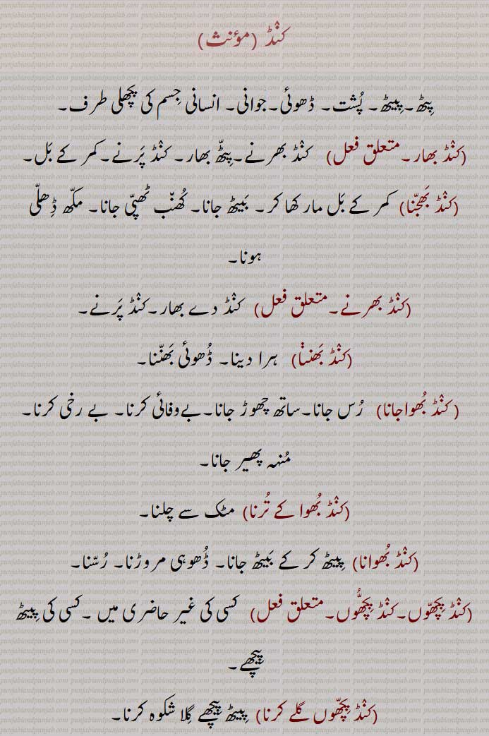 
 کنڈ ,پٹھ,پیٹھ, پشت, ڈھوئی,جوانی, انسانی جسم کی پچھلی طرف,کنڈ بھار,کنڈ بھجنا,  کنڈ بھرنے,کنڈ بھننا, کنڈ بھواجانا,کنڈ بھوا کے ترنا,کنڈ بھوانا,کنڈ پچھوں,کنڈ پچھوں گلے کرنا,  کنڈ پچھے,کنڈ پرنے,کنڈ پھیرنا,کنڈ پھیرنا,کنڈ تھپنا, ہلاشیری دینا,کنڈ تے ہتھ پھیرنا,کنڈ جھاڑ کے تر جانا,کنڈ دسنا,کنڈ دکھانا,کنڈ وکھانا,کنڈ دے جانا,کنڈ دے  گچھنا, "کنڈ دے ونجنا,کنڈ دینا,کنڈ سجاننا,کنڈ کترنا,کنڈ کرن,کنڈ لا دینا,کنڈ لانا,کنڈ لاہ سٹنا,کنڈ گتھنا,کنڈ لگ جانا , کنڈ لگنا,کنڈ لوانا,کنڈ موڑ لینا,کنڈ موڑنا,کنڈ ولانا, ولا گچھنا,کنڈ و رانا,کنڈ راناں,کنڈا,کنڈی,کنڈی بھار,کنڈی تے ہتھ پھیرنا,کنڈی تے ہونا, سہائک ہونا,کنڈی ہونا,کنڈیتا, پیٹھ پیچھے , غائبانہ, The back, back, behind, rear.,kaND bhannani,kaND laah suTTni,kaND latthni,kaND karni,kaND te hath rakhhna,  ਕੰਡ ਤੇ ਹੱਥ ਧਰਨਾ,ਕੰਡ ਤੇ ਹੱਥ ਰੱਖਣਾ ,kaND te hath pherna,  ਕੰਡ ਤੇ ਹੱਥ ਫੇਰਨਾ,kaND deni,  ਕੰਡ ਦੇਣੀ, ਕੰਡ ਫੇਰ ਲੈਣੀ, kaND pichhe,  ਕੰਡ ਪਿੱਛੇ , kaND laggni,  ਕੰਡ ਲੱਗਣੀ , kaND lawaani,  ਕੰਡ ਲਾਉਣੀ , ਕੰਡ, کنڈ , kand,,