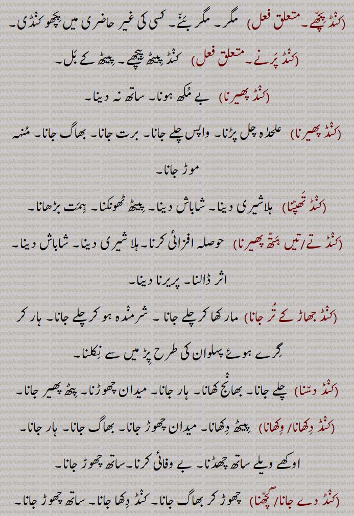 
 کنڈ ,پٹھ,پیٹھ, پشت, ڈھوئی,جوانی, انسانی جسم کی پچھلی طرف,کنڈ بھار,کنڈ بھجنا,  کنڈ بھرنے,کنڈ بھننا, کنڈ بھواجانا,کنڈ بھوا کے ترنا,کنڈ بھوانا,کنڈ پچھوں,کنڈ پچھوں گلے کرنا,  کنڈ پچھے,کنڈ پرنے,کنڈ پھیرنا,کنڈ پھیرنا,کنڈ تھپنا, ہلاشیری دینا,کنڈ تے ہتھ پھیرنا,کنڈ جھاڑ کے تر جانا,کنڈ دسنا,کنڈ دکھانا,کنڈ وکھانا,کنڈ دے جانا,کنڈ دے  گچھنا, "کنڈ دے ونجنا,کنڈ دینا,کنڈ سجاننا,کنڈ کترنا,کنڈ کرن,کنڈ لا دینا,کنڈ لانا,کنڈ لاہ سٹنا,کنڈ گتھنا,کنڈ لگ جانا , کنڈ لگنا,کنڈ لوانا,کنڈ موڑ لینا,کنڈ موڑنا,کنڈ ولانا, ولا گچھنا,کنڈ و رانا,کنڈ راناں,کنڈا,کنڈی,کنڈی بھار,کنڈی تے ہتھ پھیرنا,کنڈی تے ہونا, سہائک ہونا,کنڈی ہونا,کنڈیتا, پیٹھ پیچھے , غائبانہ, The back, back, behind, rear.,kaND bhannani,kaND laah suTTni,kaND latthni,kaND karni,kaND te hath rakhhna,  ਕੰਡ ਤੇ ਹੱਥ ਧਰਨਾ,ਕੰਡ ਤੇ ਹੱਥ ਰੱਖਣਾ ,kaND te hath pherna,  ਕੰਡ ਤੇ ਹੱਥ ਫੇਰਨਾ,kaND deni,  ਕੰਡ ਦੇਣੀ, ਕੰਡ ਫੇਰ ਲੈਣੀ, kaND pichhe,  ਕੰਡ ਪਿੱਛੇ , kaND laggni,  ਕੰਡ ਲੱਗਣੀ , kaND lawaani,  ਕੰਡ ਲਾਉਣੀ , ਕੰਡ, کنڈ , kand,,