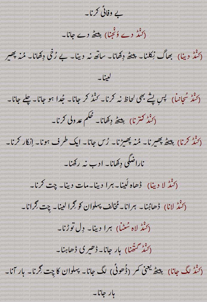 
 کنڈ ,پٹھ,پیٹھ, پشت, ڈھوئی,جوانی, انسانی جسم کی پچھلی طرف,کنڈ بھار,کنڈ بھجنا,  کنڈ بھرنے,کنڈ بھننا, کنڈ بھواجانا,کنڈ بھوا کے ترنا,کنڈ بھوانا,کنڈ پچھوں,کنڈ پچھوں گلے کرنا,  کنڈ پچھے,کنڈ پرنے,کنڈ پھیرنا,کنڈ پھیرنا,کنڈ تھپنا, ہلاشیری دینا,کنڈ تے ہتھ پھیرنا,کنڈ جھاڑ کے تر جانا,کنڈ دسنا,کنڈ دکھانا,کنڈ وکھانا,کنڈ دے جانا,کنڈ دے  گچھنا, "کنڈ دے ونجنا,کنڈ دینا,کنڈ سجاننا,کنڈ کترنا,کنڈ کرن,کنڈ لا دینا,کنڈ لانا,کنڈ لاہ سٹنا,کنڈ گتھنا,کنڈ لگ جانا , کنڈ لگنا,کنڈ لوانا,کنڈ موڑ لینا,کنڈ موڑنا,کنڈ ولانا, ولا گچھنا,کنڈ و رانا,کنڈ راناں,کنڈا,کنڈی,کنڈی بھار,کنڈی تے ہتھ پھیرنا,کنڈی تے ہونا, سہائک ہونا,کنڈی ہونا,کنڈیتا, پیٹھ پیچھے , غائبانہ, The back, back, behind, rear.,kaND bhannani,kaND laah suTTni,kaND latthni,kaND karni,kaND te hath rakhhna,  ਕੰਡ ਤੇ ਹੱਥ ਧਰਨਾ,ਕੰਡ ਤੇ ਹੱਥ ਰੱਖਣਾ ,kaND te hath pherna,  ਕੰਡ ਤੇ ਹੱਥ ਫੇਰਨਾ,kaND deni,  ਕੰਡ ਦੇਣੀ, ਕੰਡ ਫੇਰ ਲੈਣੀ, kaND pichhe,  ਕੰਡ ਪਿੱਛੇ , kaND laggni,  ਕੰਡ ਲੱਗਣੀ , kaND lawaani,  ਕੰਡ ਲਾਉਣੀ , ਕੰਡ, کنڈ , kand,,
