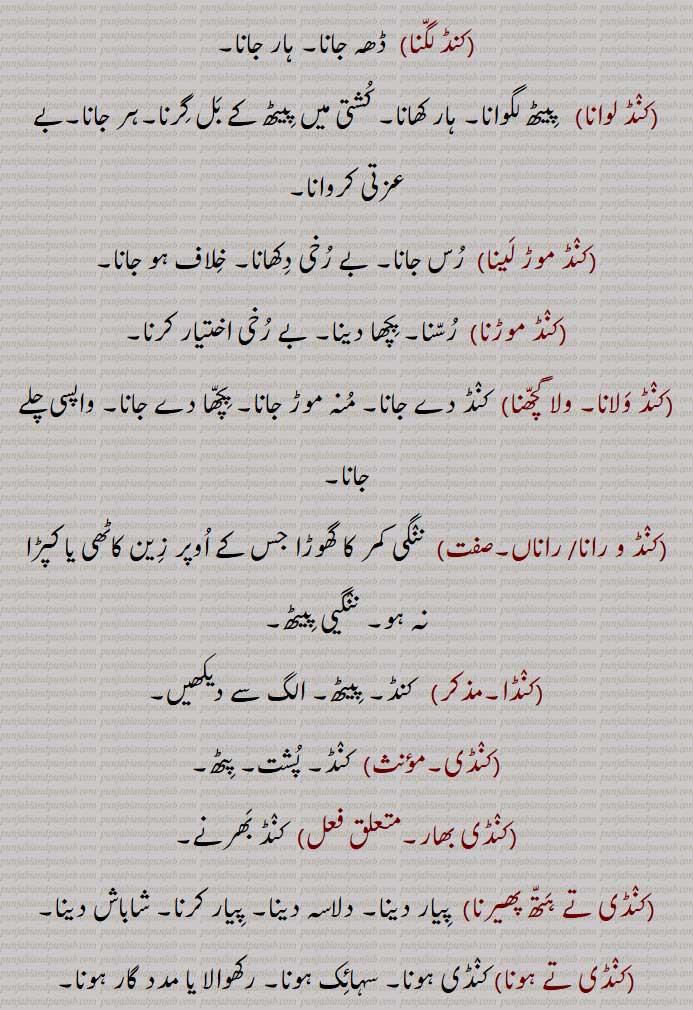 
 کنڈ ,پٹھ,پیٹھ, پشت, ڈھوئی,جوانی, انسانی جسم کی پچھلی طرف,کنڈ بھار,کنڈ بھجنا,  کنڈ بھرنے,کنڈ بھننا, کنڈ بھواجانا,کنڈ بھوا کے ترنا,کنڈ بھوانا,کنڈ پچھوں,کنڈ پچھوں گلے کرنا,  کنڈ پچھے,کنڈ پرنے,کنڈ پھیرنا,کنڈ پھیرنا,کنڈ تھپنا, ہلاشیری دینا,کنڈ تے ہتھ پھیرنا,کنڈ جھاڑ کے تر جانا,کنڈ دسنا,کنڈ دکھانا,کنڈ وکھانا,کنڈ دے جانا,کنڈ دے  گچھنا, "کنڈ دے ونجنا,کنڈ دینا,کنڈ سجاننا,کنڈ کترنا,کنڈ کرن,کنڈ لا دینا,کنڈ لانا,کنڈ لاہ سٹنا,کنڈ گتھنا,کنڈ لگ جانا , کنڈ لگنا,کنڈ لوانا,کنڈ موڑ لینا,کنڈ موڑنا,کنڈ ولانا, ولا گچھنا,کنڈ و رانا,کنڈ راناں,کنڈا,کنڈی,کنڈی بھار,کنڈی تے ہتھ پھیرنا,کنڈی تے ہونا, سہائک ہونا,کنڈی ہونا,کنڈیتا, پیٹھ پیچھے , غائبانہ, The back, back, behind, rear.,kaND bhannani,kaND laah suTTni,kaND latthni,kaND karni,kaND te hath rakhhna,  ਕੰਡ ਤੇ ਹੱਥ ਧਰਨਾ,ਕੰਡ ਤੇ ਹੱਥ ਰੱਖਣਾ ,kaND te hath pherna,  ਕੰਡ ਤੇ ਹੱਥ ਫੇਰਨਾ,kaND deni,  ਕੰਡ ਦੇਣੀ, ਕੰਡ ਫੇਰ ਲੈਣੀ, kaND pichhe,  ਕੰਡ ਪਿੱਛੇ , kaND laggni,  ਕੰਡ ਲੱਗਣੀ , kaND lawaani,  ਕੰਡ ਲਾਉਣੀ , ਕੰਡ, کنڈ , kand,,